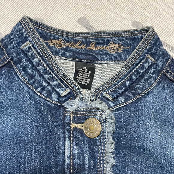 😎Y2K KIKIT JEANS Blue Jeans Jacket Pockets Fitted Raw Edge Frayed Moto Size XL - Picture 9 of 13